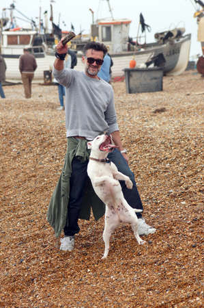 Man plays with his dog on the beachのeditorial素材