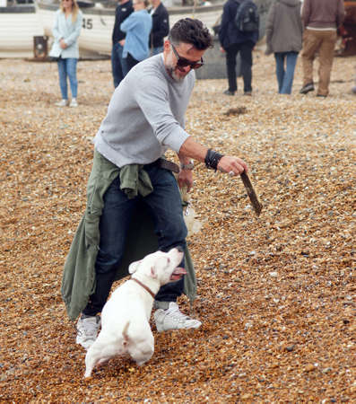Man plays with his dog on the beachのeditorial素材