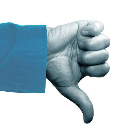Human hand makes thumbs down in blue effectの写真素材