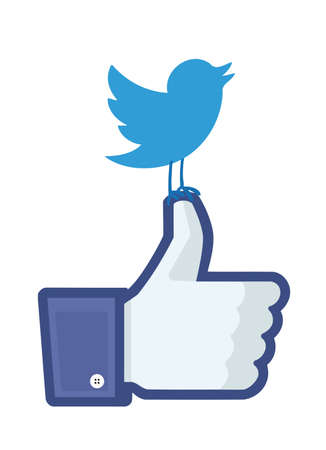 Twitter's bird landed on top of Facebook's "like" fingerのeditorial素材
