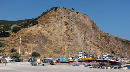 Fishing boats by the mountainのeditorial素材