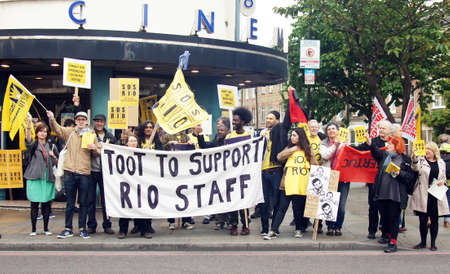 Rio Cinema workers strike over living wage and job cuts in London, Englandのeditorial素材