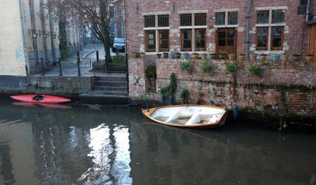 House by the river in the city of Ghentの写真素材