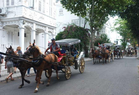 Tourists travel with horse cart in Buyukada, biggest island near Istanbul, Turkeyのeditorial素材