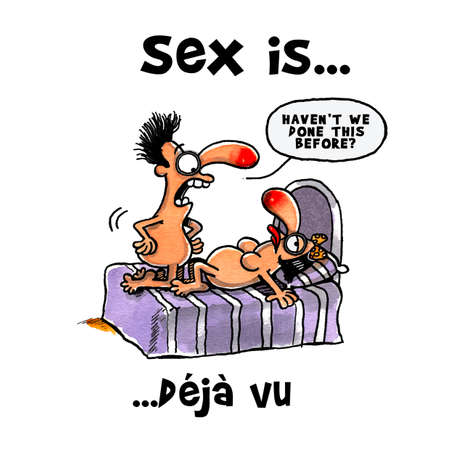 Man is on bed with her lover thinking making love is deja vuの写真素材