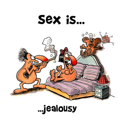 Jealous husband shot teddy bear in bedの写真素材