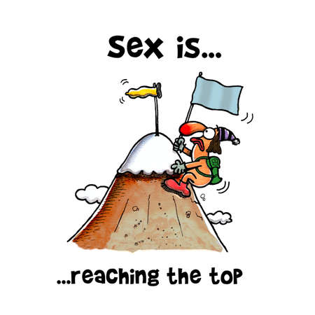 Woman is climbing up on top of the mountain with a flagの写真素材