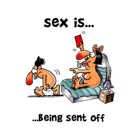 Woman is showing a red card to a man in bedの写真素材