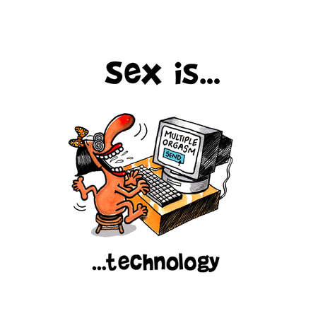 Woman sits in front of computer browsing and having orgasm onlineの写真素材