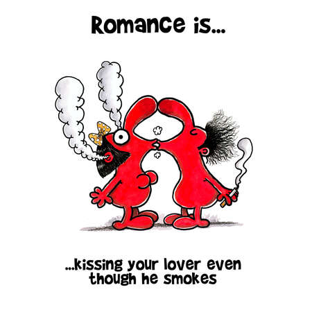 Smoking man kissing his girlfriend an blowing smoke through her mouthの写真素材