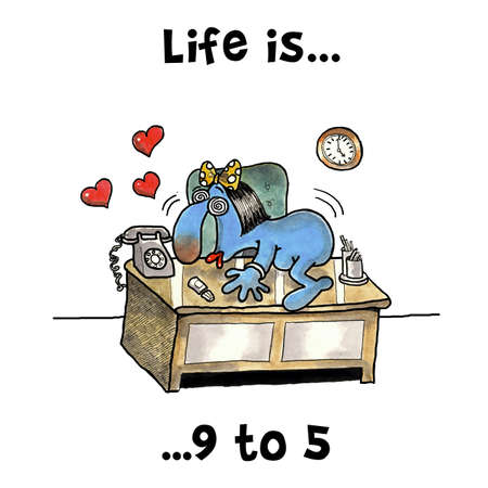 Female worker is in love with his desk in the officeの写真素材