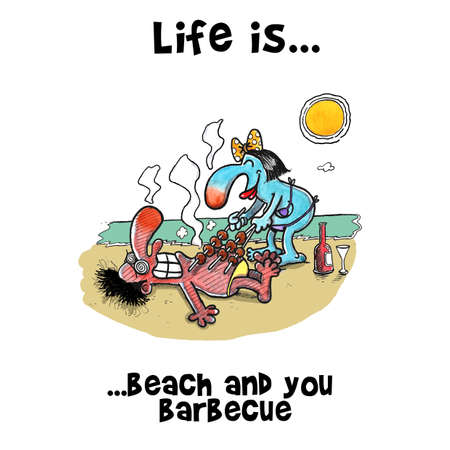 Woman is doing bbq on a sun burned man on the beachの写真素材