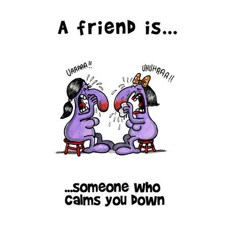 Friends are sitting against each other and both cryingの写真素材