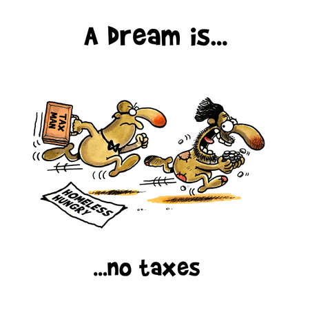 Tax man running after a homeless man who has his coins in his handの写真素材