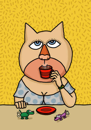 Female cat drinking coffee. Vector illustration.の写真素材