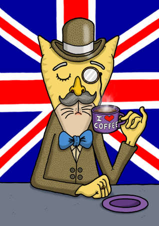 British gentlemen cat is enjoying his coffeeの写真素材