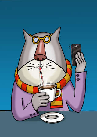 Cat is taking a selfie when drinking coffeeの写真素材
