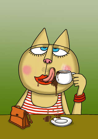 Messy cat is drinking coffee with her tongue. Vector illustration.の写真素材