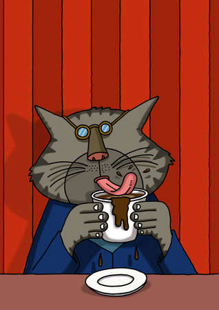 Cat is drinking coffee with his tongueの写真素材