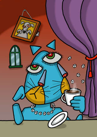 Cat is drinking coffee in an illustration with Picasso styleの写真素材