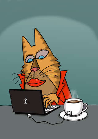 Cat is browsing with laptop and charging his coffeeの写真素材