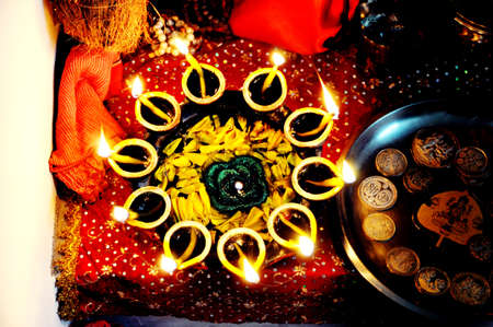 Small setup of Diya at home during diwali celebrationsのeditorial素材