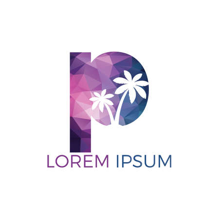 Palm tree and letter P vector logo design. Travel and beach sign logo concept.のイラスト素材