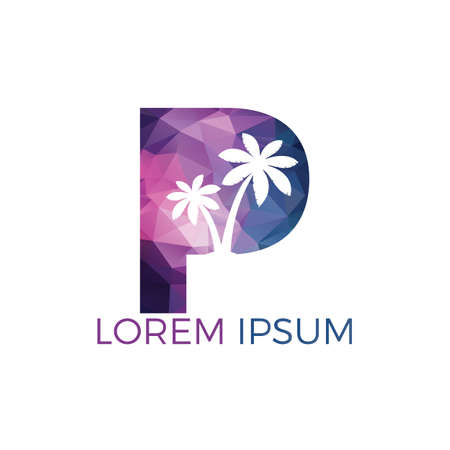 Palm tree and letter P vector logo design. Travel and beach sign logo concept.のイラスト素材