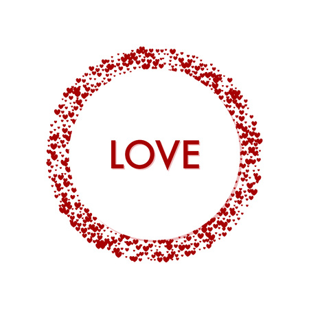 Valentines Day card with burst from hearts and text LOVE. Frame halftone effect. Red dots on white background. Retro, vintage, hipster styleのイラスト素材