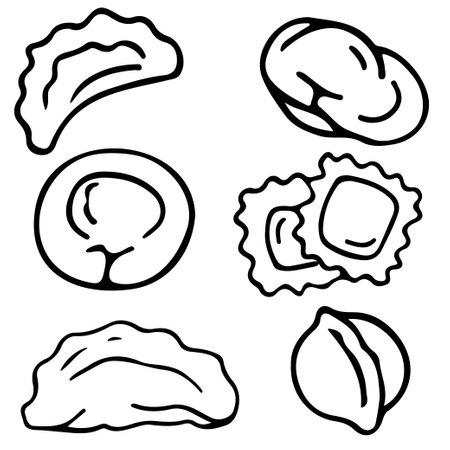 Dumplings with various fillings hand drawn doodle in vector format isolated on white background.のイラスト素材