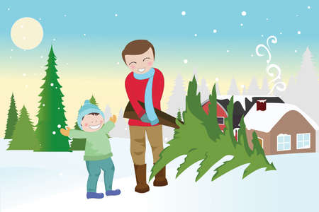  illustration of a father and a son carrying a christmas tree outdoor during winterのイラスト素材