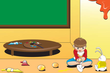   illustration of a kid painting Easter eggs celebrating Easterのイラスト素材