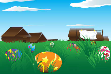  illustration of Easter eggs laying on the grassのイラスト素材