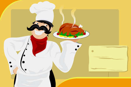A vector illustration of a restaurant chef carrying a plate of a roast chicken meal のイラスト素材