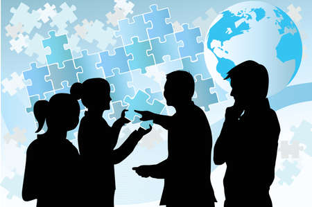 illustration of a group of business people trying to solve a puzzleのイラスト素材