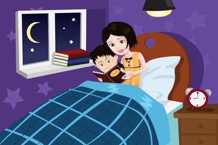 A Vector illustration of a mother reading bedtime story to her sonのイラスト素材