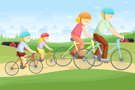 illustration of a family biking together in a rural area