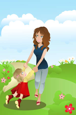 illustration of a mother and a daughter having fun in the parkのイラスト素材
