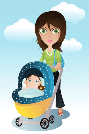 illustration of a mother pushing a stroller with her baby inside of itのイラスト素材