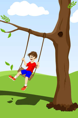 happy kid swinging on a tree outsideのイラスト素材