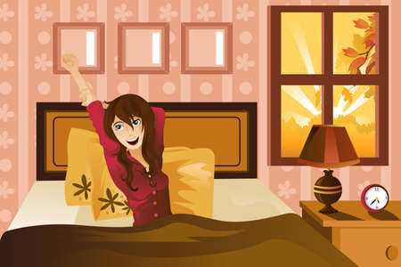 A vector illustration of a beautiful woman waking up in the morning.のイラスト素材