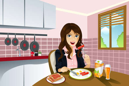 A vector illustration of a beautiful woman eating breakfast at home. のイラスト素材