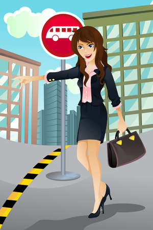 A vector illustration of a beautiful woman waiting for a bus to go to work. のイラスト素材
