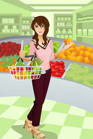 A vector illustration of a beautiful woman shopping grocery at the supermarket.  のイラスト素材