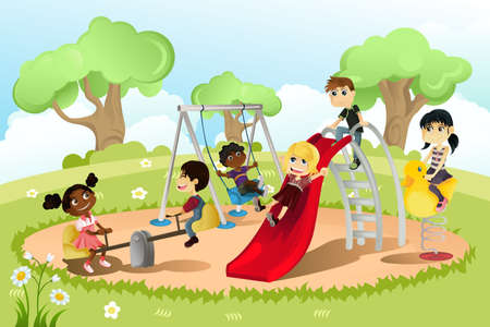 A vector illustration of a group of multi-ethnic children playing in the playgroundのイラスト素材