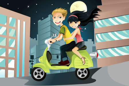 A vector illustration of a couple riding a motorcycle in the city on an eveningのイラスト素材