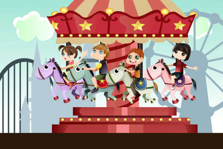 A vector illustration of children playing merry go round in an amusement parkのイラスト素材