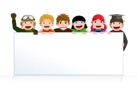 A vector illustration of a group of children holding a blank poster boardのイラスト素材