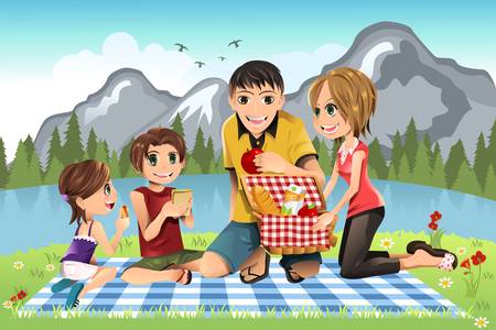 A illustration of a family having a picnic in a parkのイラスト素材