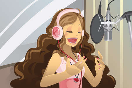 An illustration of a female singer singing in a recording studioのイラスト素材